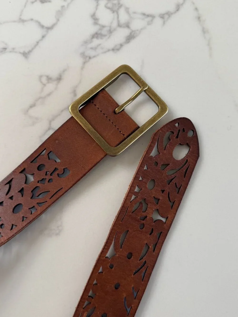 Anthropologie Timberwork Cutout Leather Belt - Brown/Brass - Size L/XL